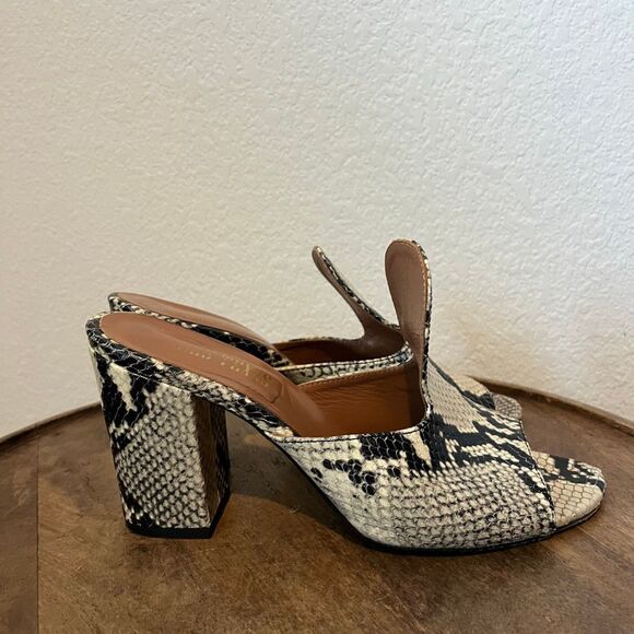Paris Texas Snake Embossed Leather Beige Black Heeled Mules Women's Size 39 US 9 - Picture 3 of 9